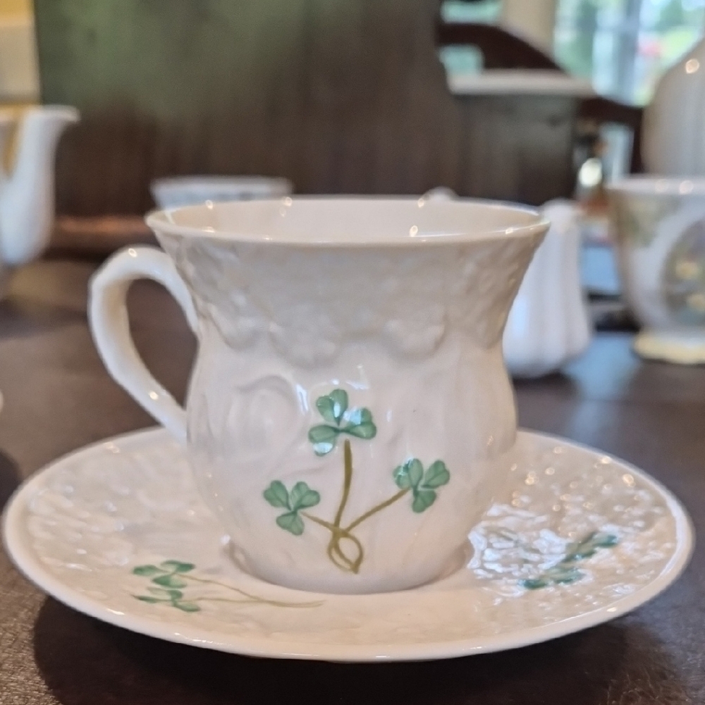 Belleek Cream Teacup with Green Accents